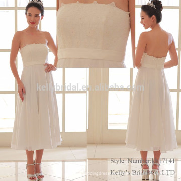 Simple blanco claro emboridery backless tobillo de longitud vestido de novia de falda corta vestido de novia